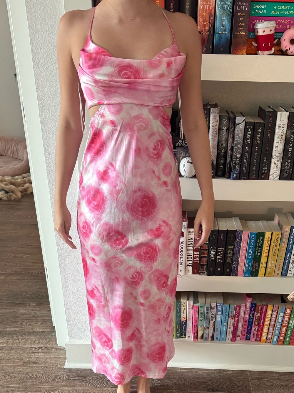 Hello Molly Pink & White Rose-Print Cutout Satin Maxi Dress